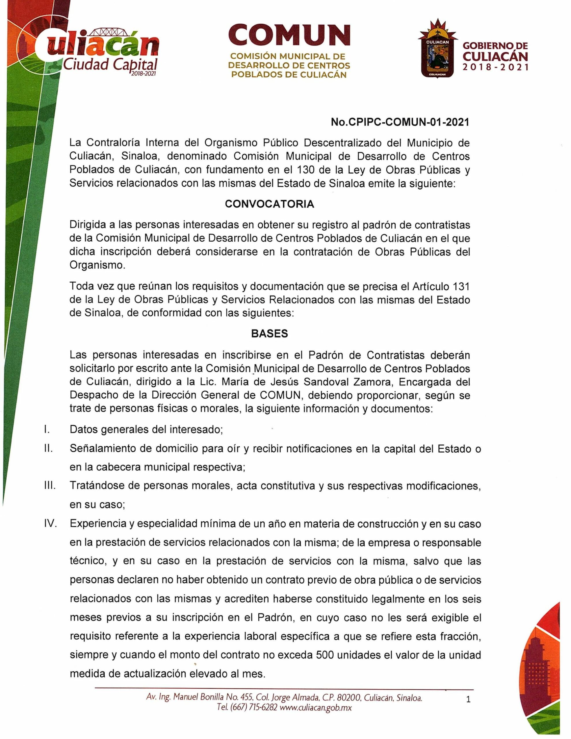 Convocatoria de Inscripción al Padrón de Contratistas  06 de Enero del 2021